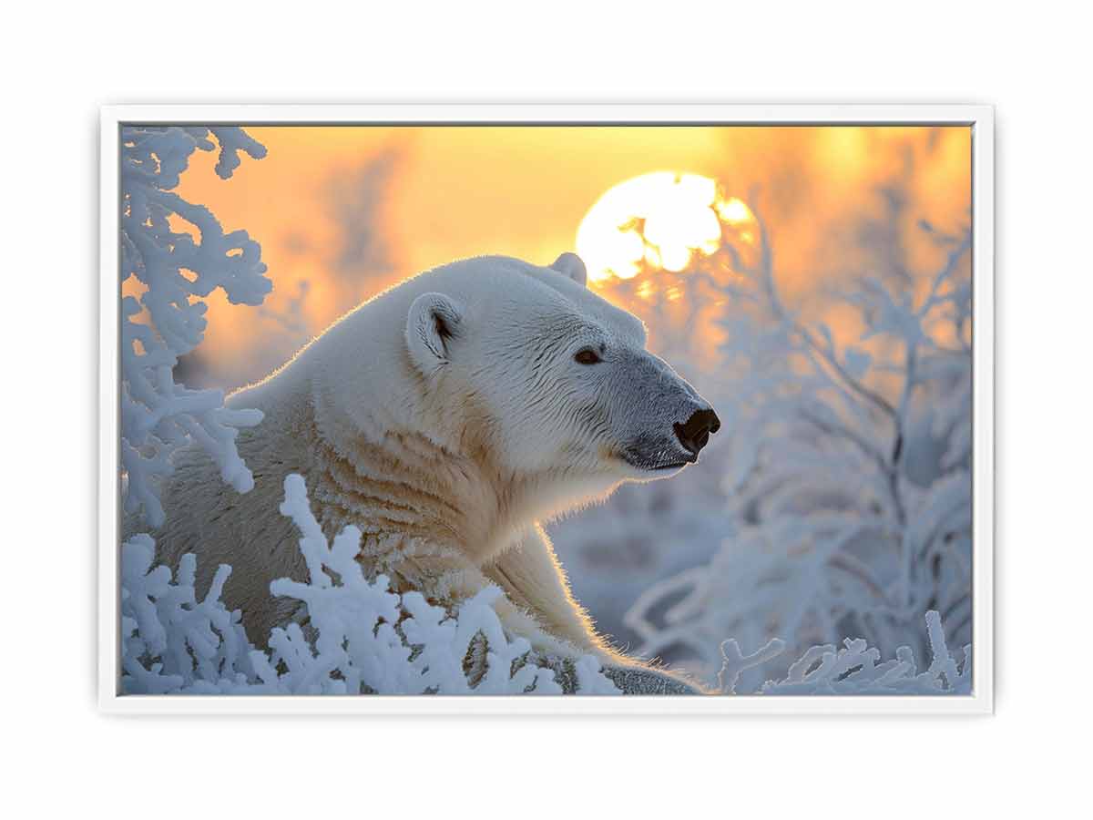 Polar bear snow canvas art with golden winter light for living room decor.