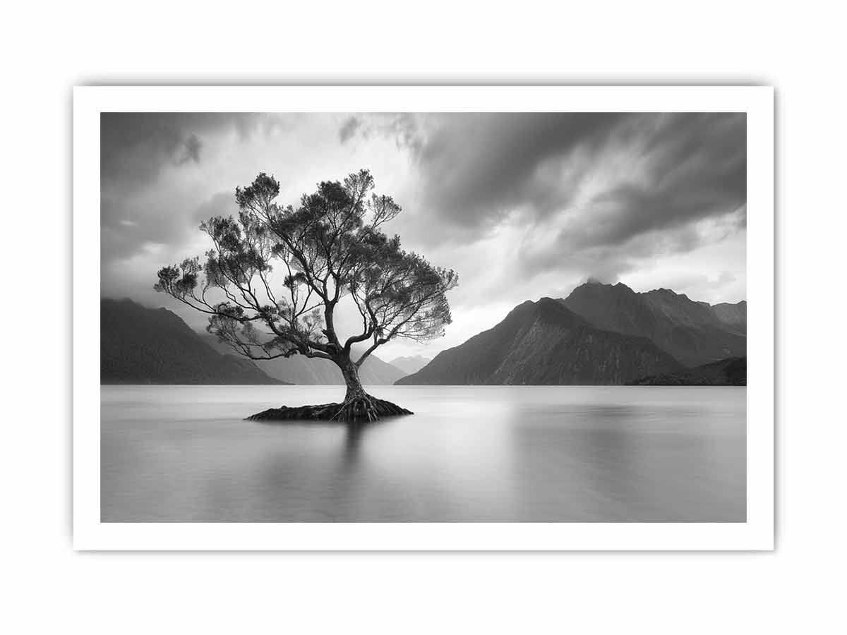 Black and white lake tree canvas art for calm modern living room decor.