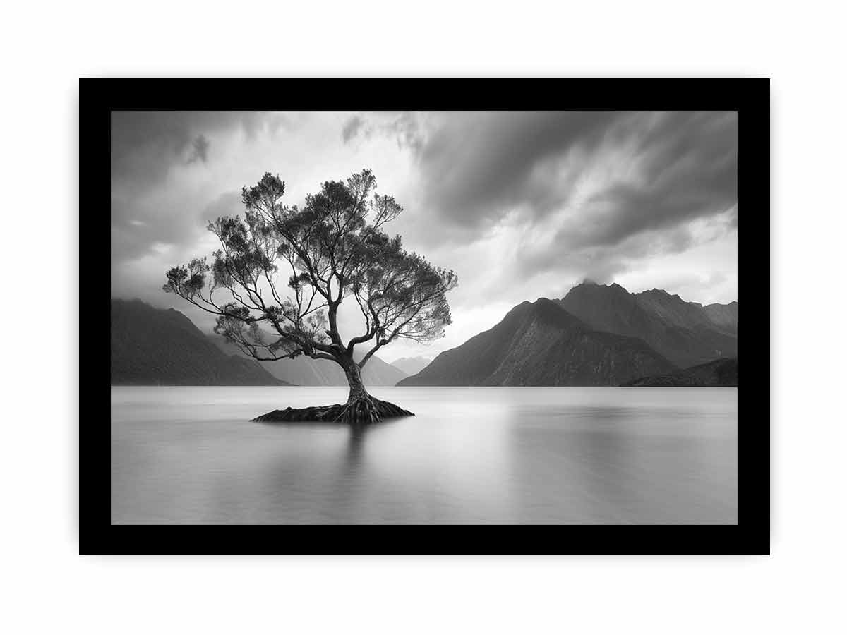 Black and white lake tree canvas art for calm modern living room decor.