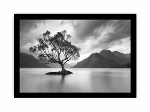 Black and white lake tree canvas art for calm modern living room decor.