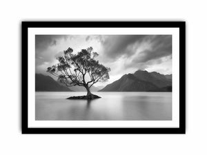 Black and white lake tree canvas art for calm modern living room decor.