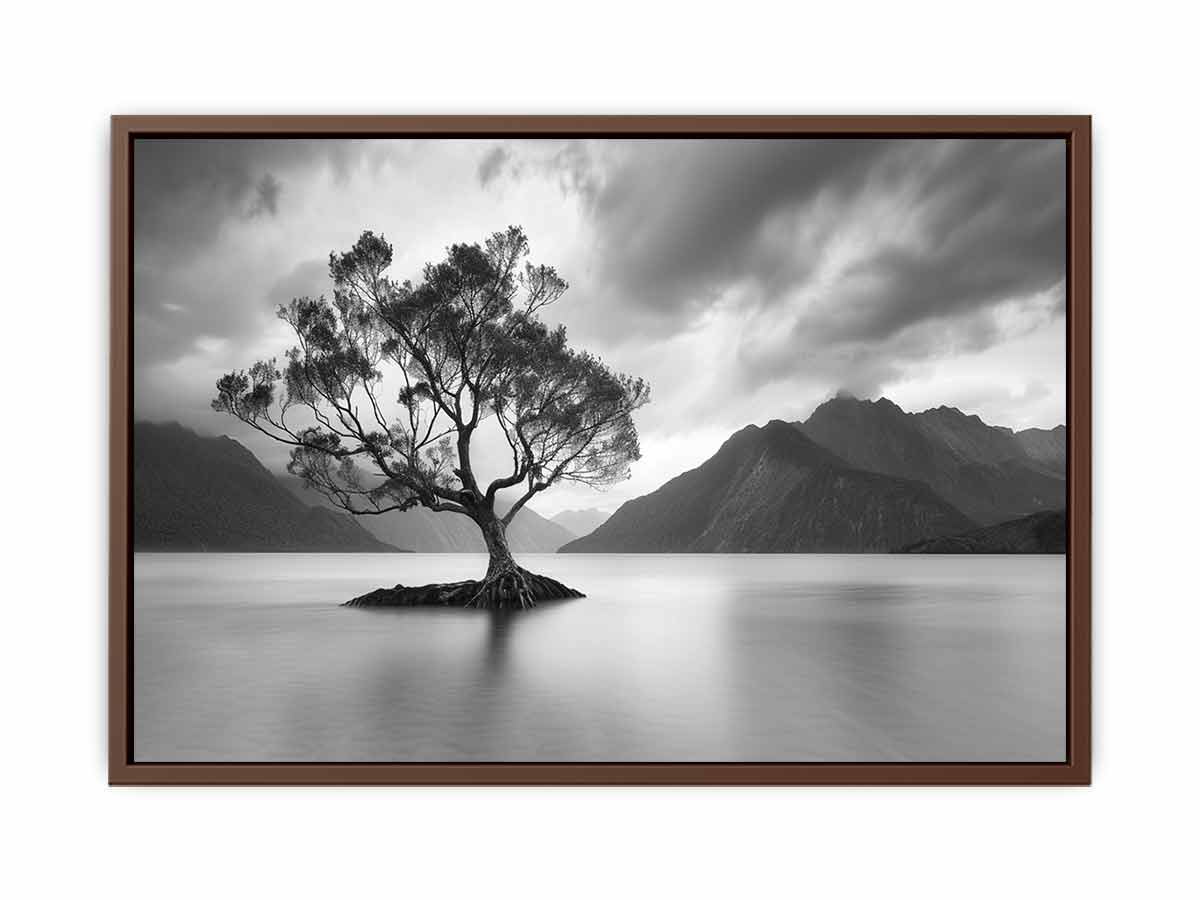 Black and white lake tree canvas art for calm modern living room decor.