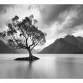Black and white lake tree canvas art for calm modern living room decor.