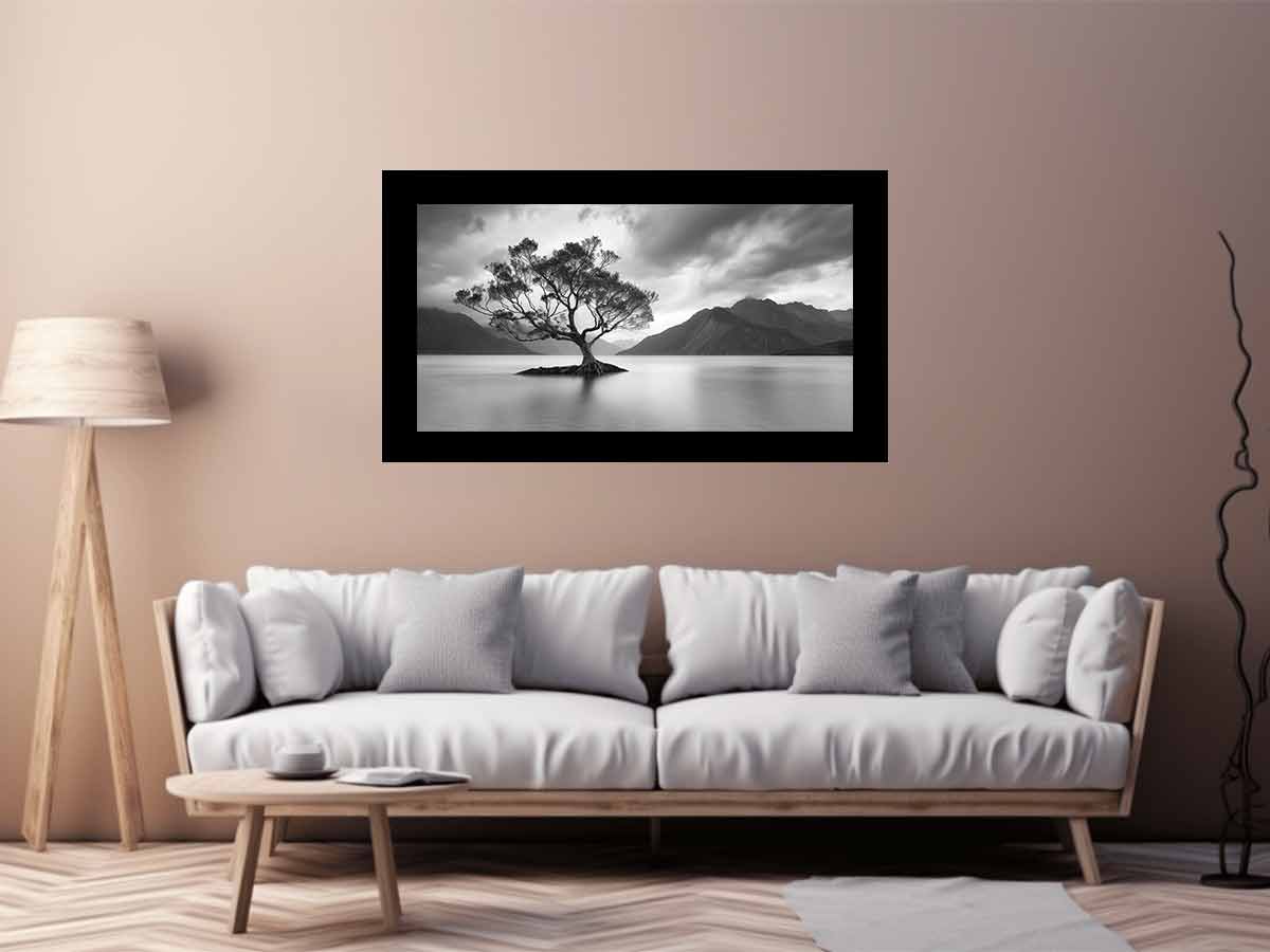 Black and white lake tree canvas art for calm modern living room decor.