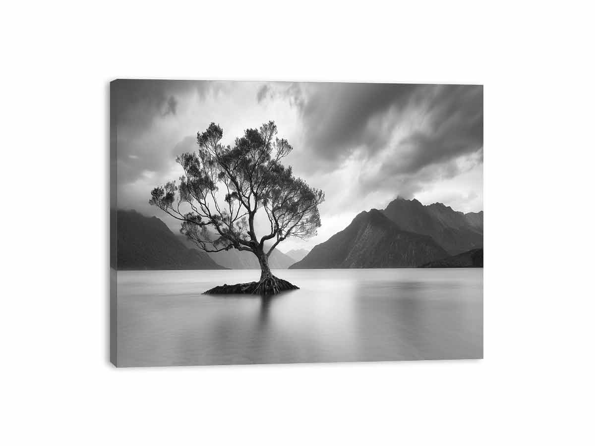 Black and white lake tree canvas art for calm modern living room decor.