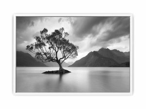 Black and white lake tree canvas art for calm modern living room decor.