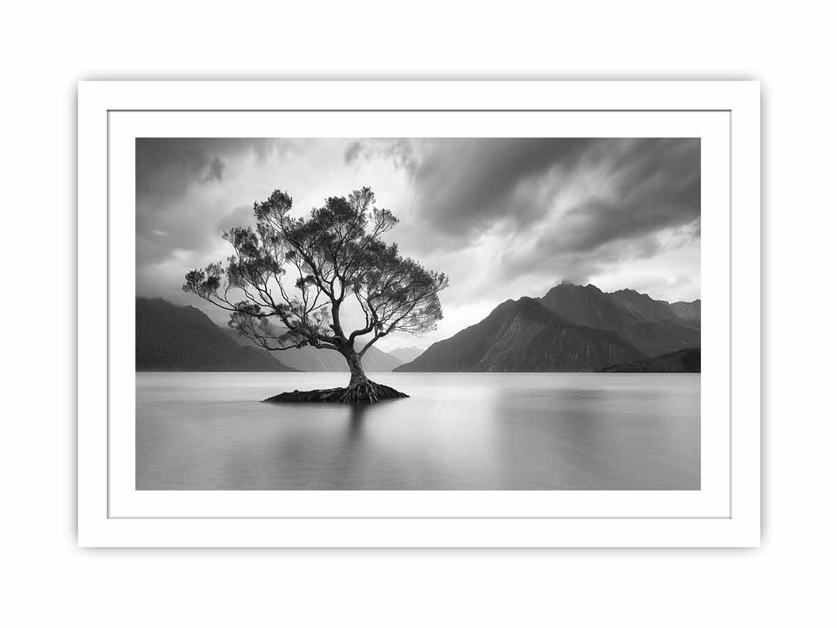 Black and white lake tree canvas art for calm modern living room decor.