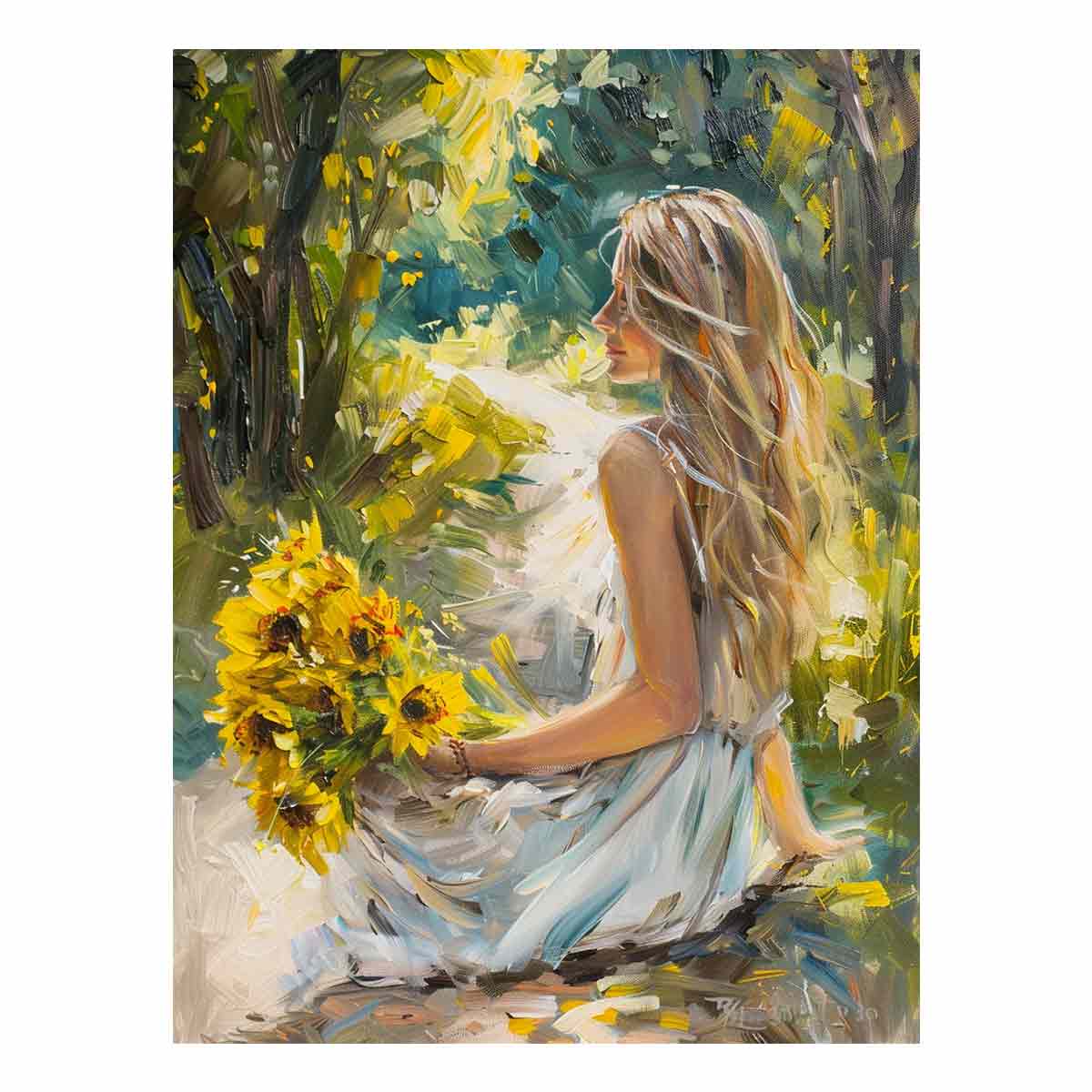 Impressionist sunflower woman canvas art for romantic bedroom decor.
