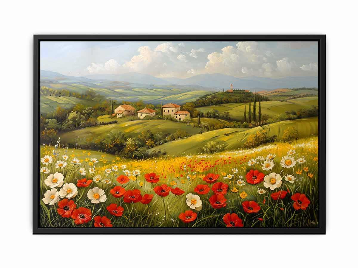 Tuscan poppy field canvas art with rolling hills for dining room decor.