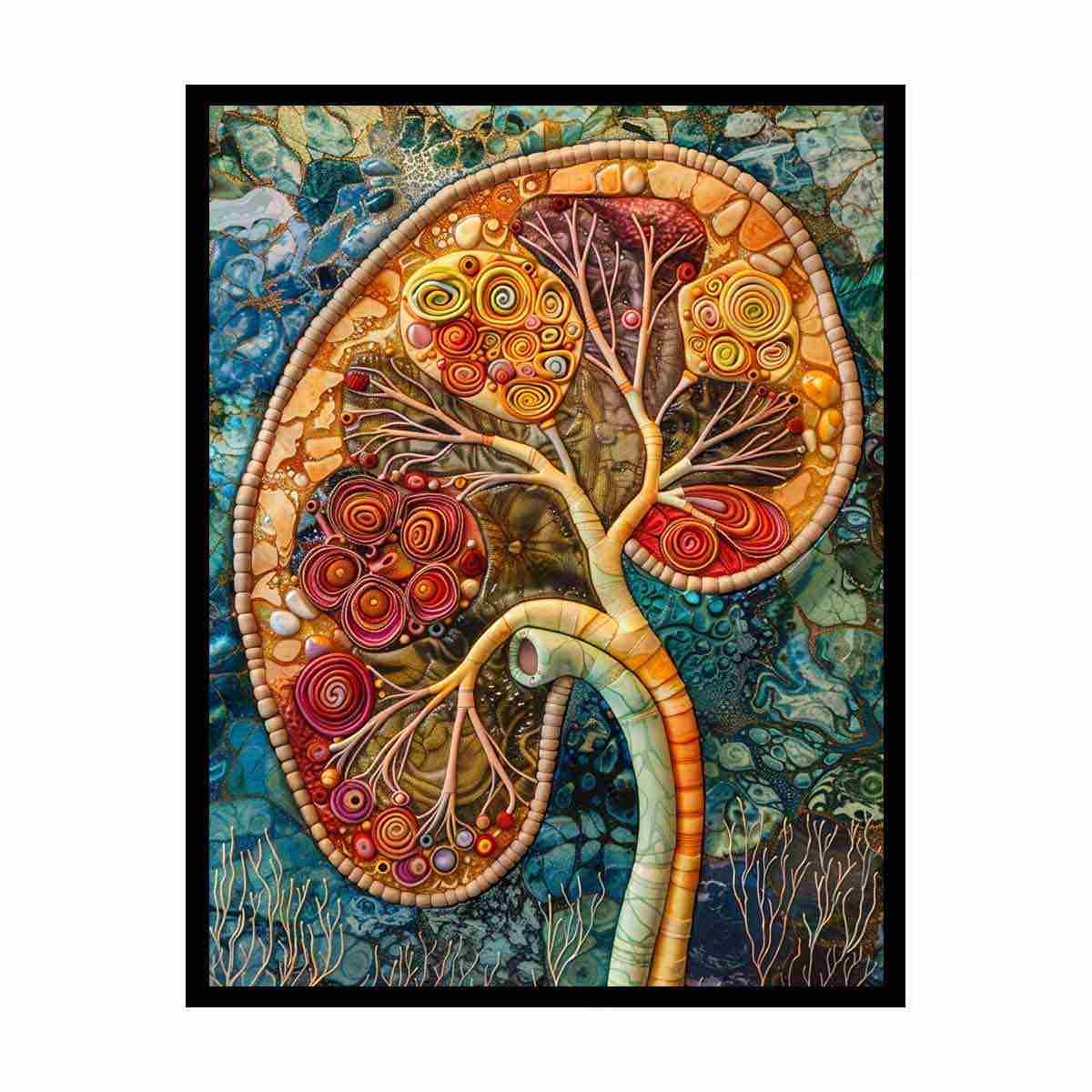 Abstract kidney anatomy artwork with botanical details for modern office decor.