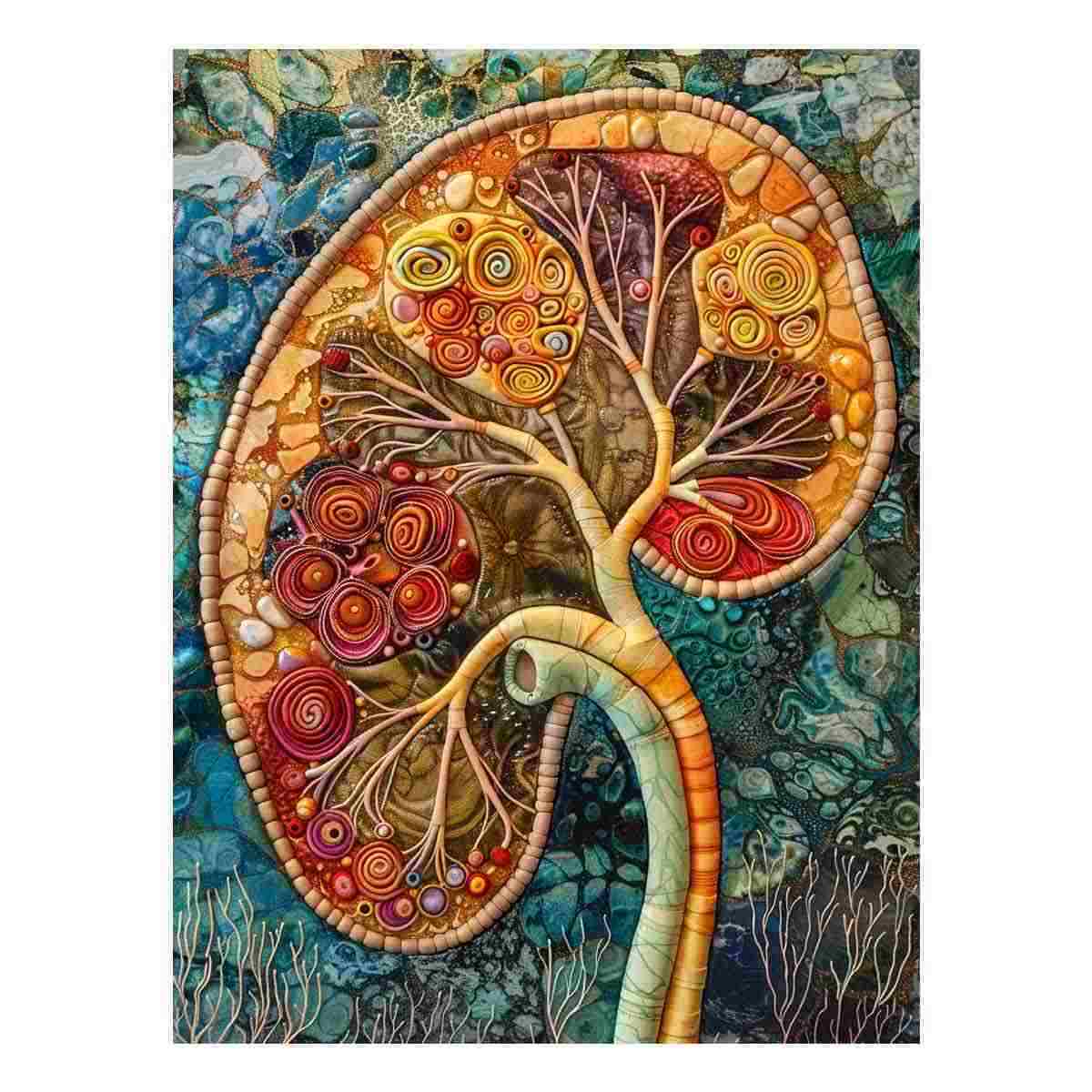 Abstract kidney anatomy artwork with botanical details for modern office decor.