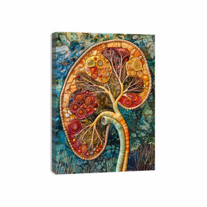 Abstract kidney anatomy artwork with botanical details for modern office decor.