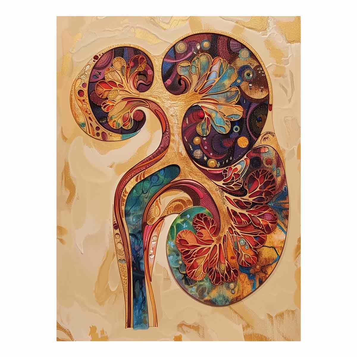 Gold abstract kidney anatomy canvas art with botanical details for office or study decor.