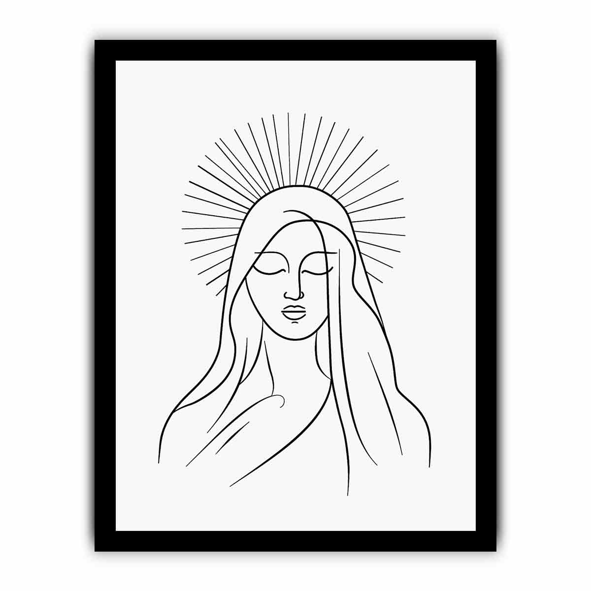 Minimal black line art of serene halo figure for peaceful bedroom wall decor.