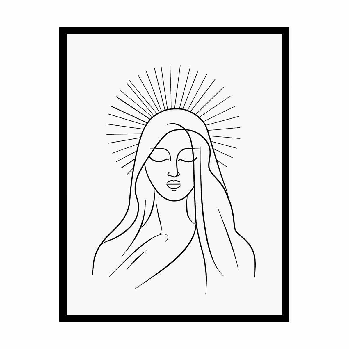 Minimal black line art of serene halo figure for peaceful bedroom wall decor.