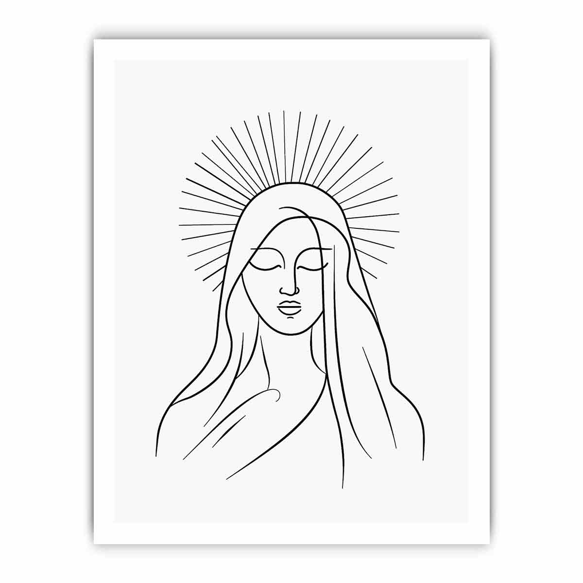 Minimal black line art of serene halo figure for peaceful bedroom wall decor.