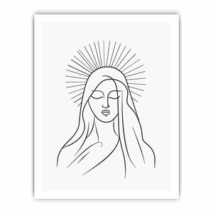 Minimal black line art of serene halo figure for peaceful bedroom wall decor.