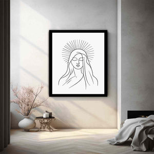 Minimal black line art of serene halo figure for peaceful bedroom wall decor.