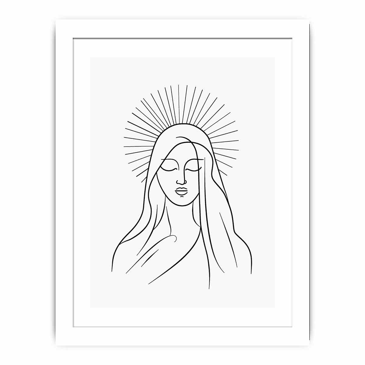 Minimal black line art of serene halo figure for peaceful bedroom wall decor.