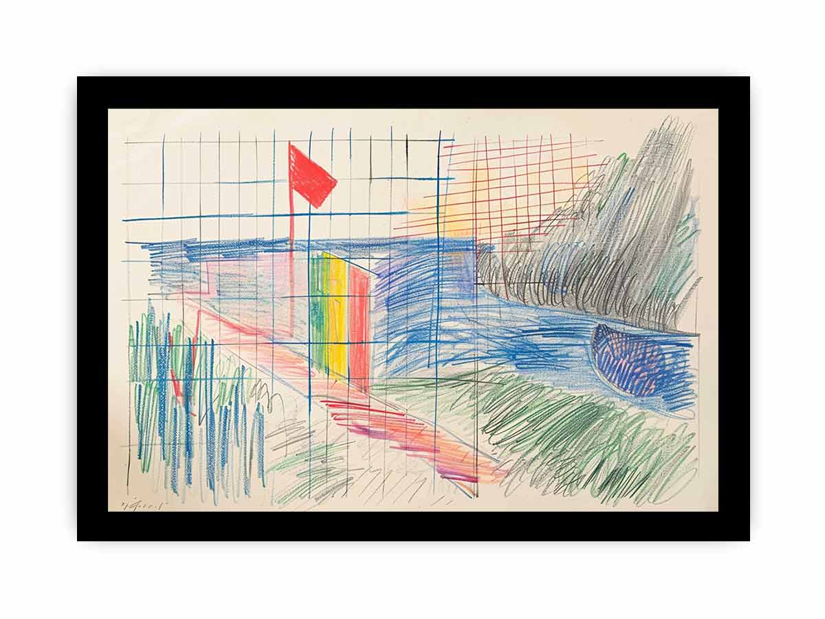 Colorful abstract grid drawing canvas art for creative office or studio decor.