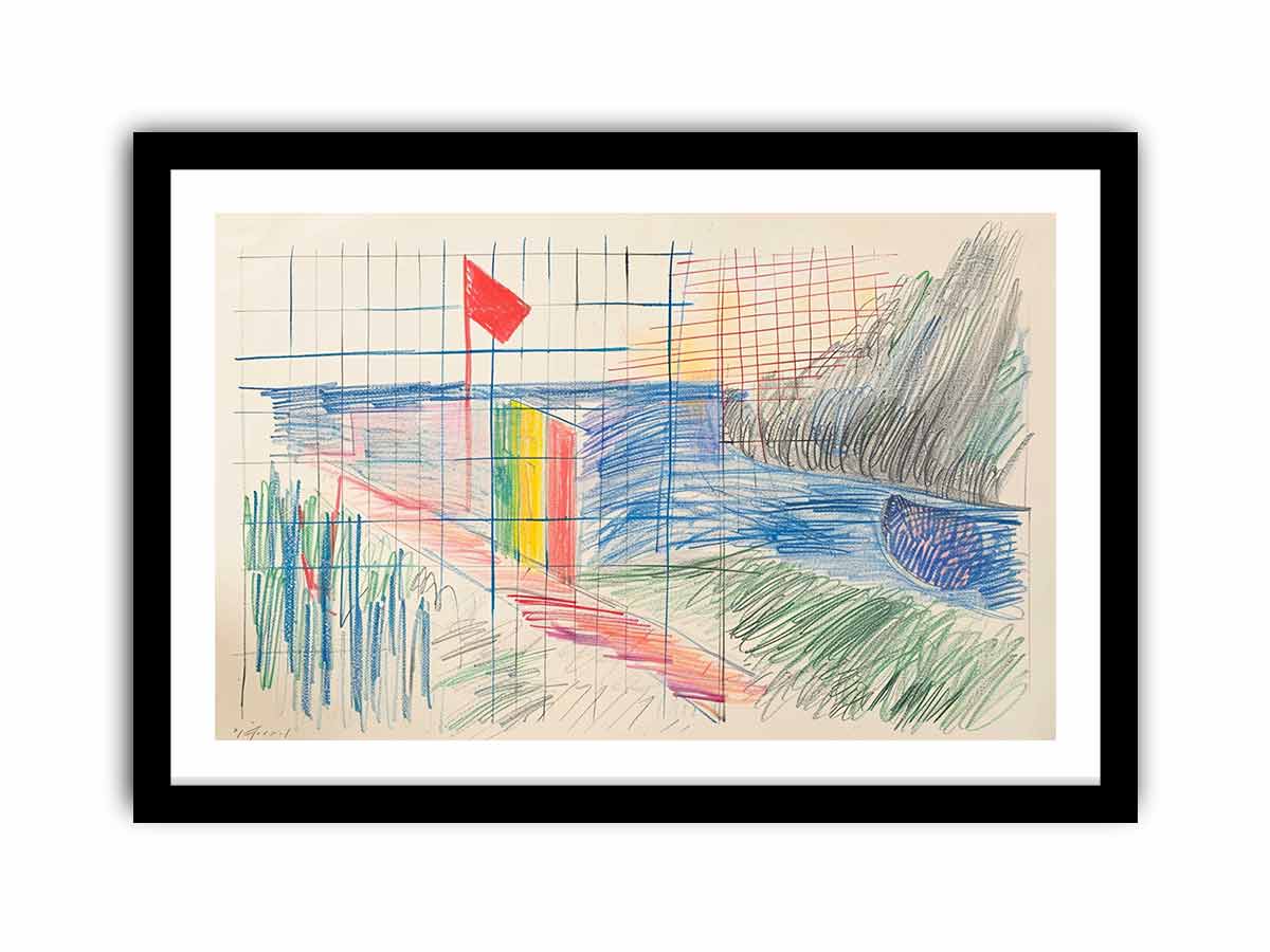 Colorful abstract grid drawing canvas art for creative office or studio decor.