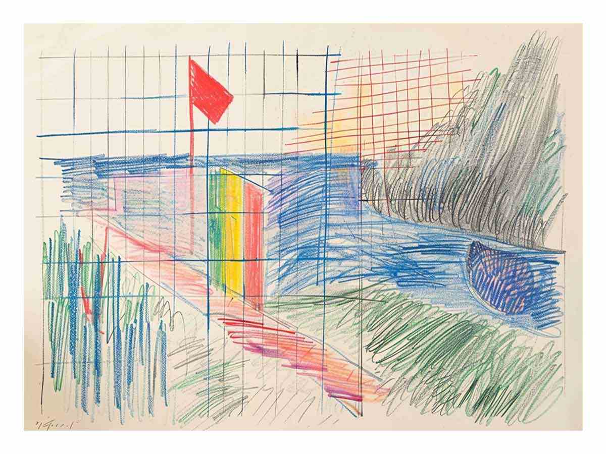 Colorful abstract grid drawing canvas art for creative office or studio decor.