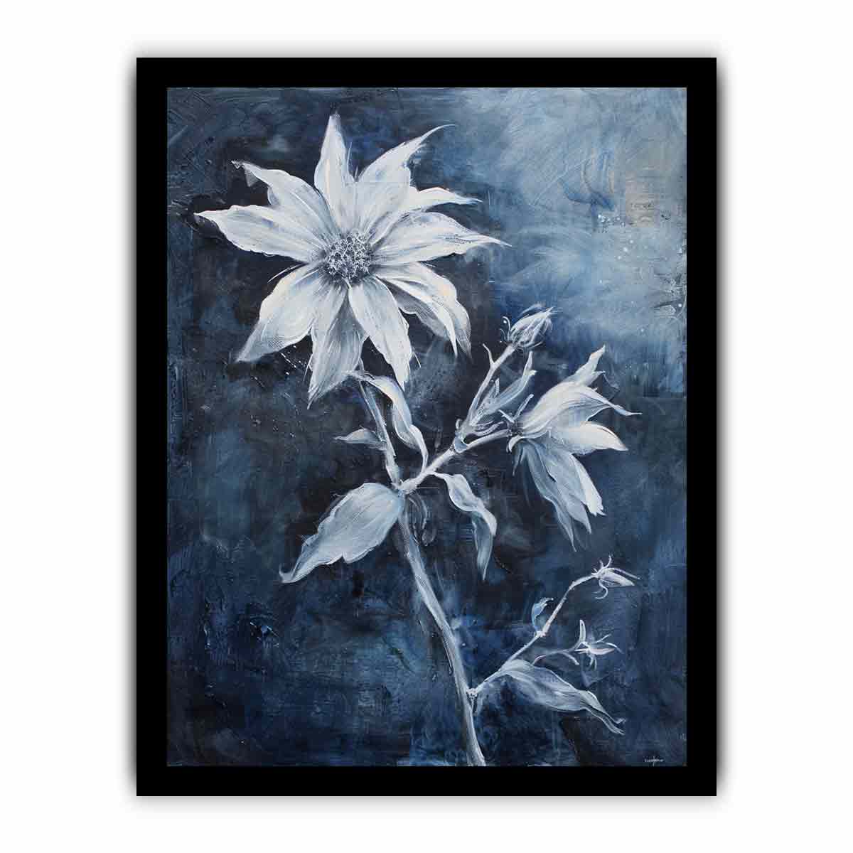 Blue and white floral canvas art for calm bedroom or bathroom wall decor.