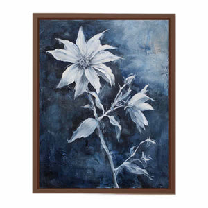 Blue and white floral canvas art for calm bedroom or bathroom wall decor.
