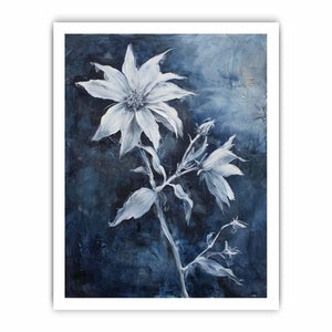 Blue and white floral canvas art for calm bedroom or bathroom wall decor.