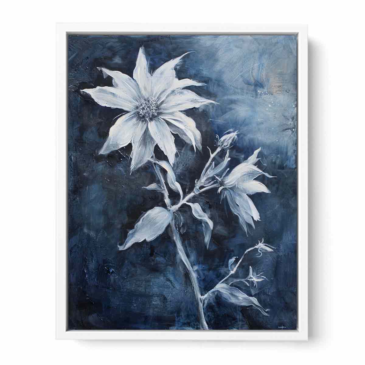 Blue and white floral canvas art for calm bedroom or bathroom wall decor.