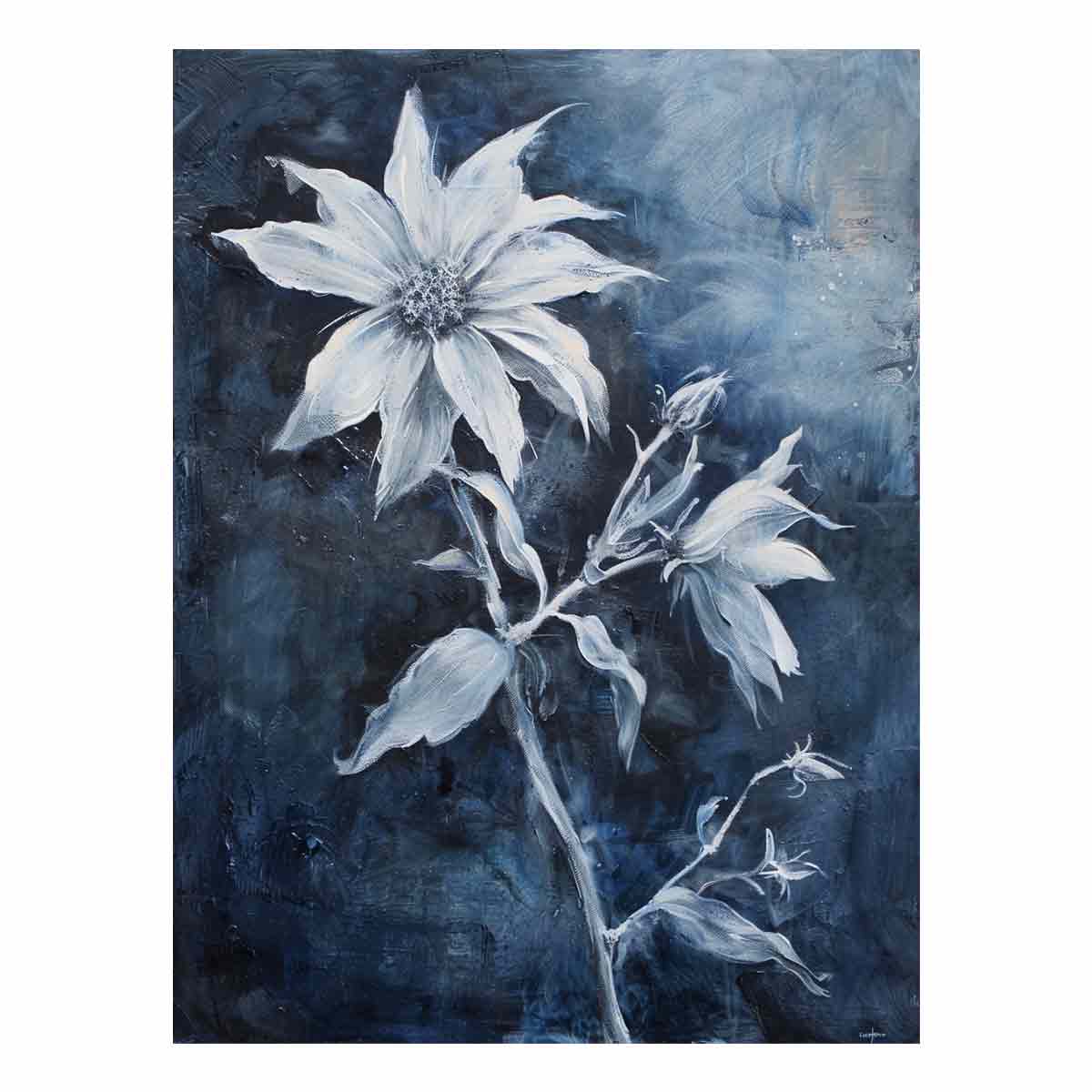 Blue and white floral canvas art for calm bedroom or bathroom wall decor.