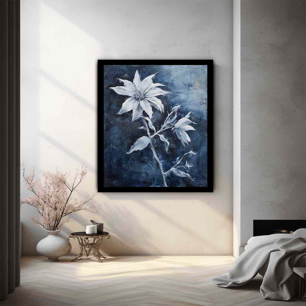 Blue and white floral canvas art for calm bedroom or bathroom wall decor.
