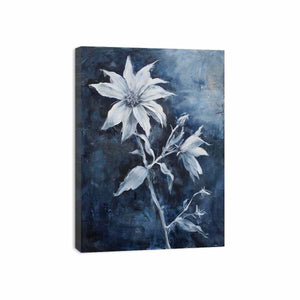 Blue and white floral canvas art for calm bedroom or bathroom wall decor.