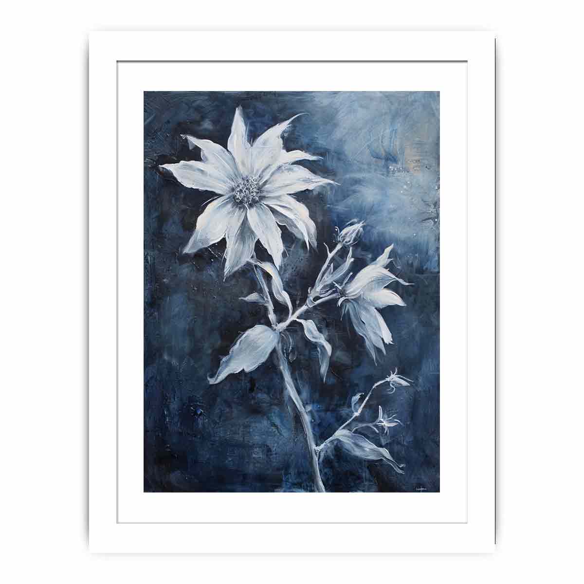 Blue and white floral canvas art for calm bedroom or bathroom wall decor.
