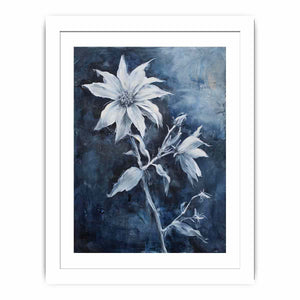 Blue and white floral canvas art for calm bedroom or bathroom wall decor.