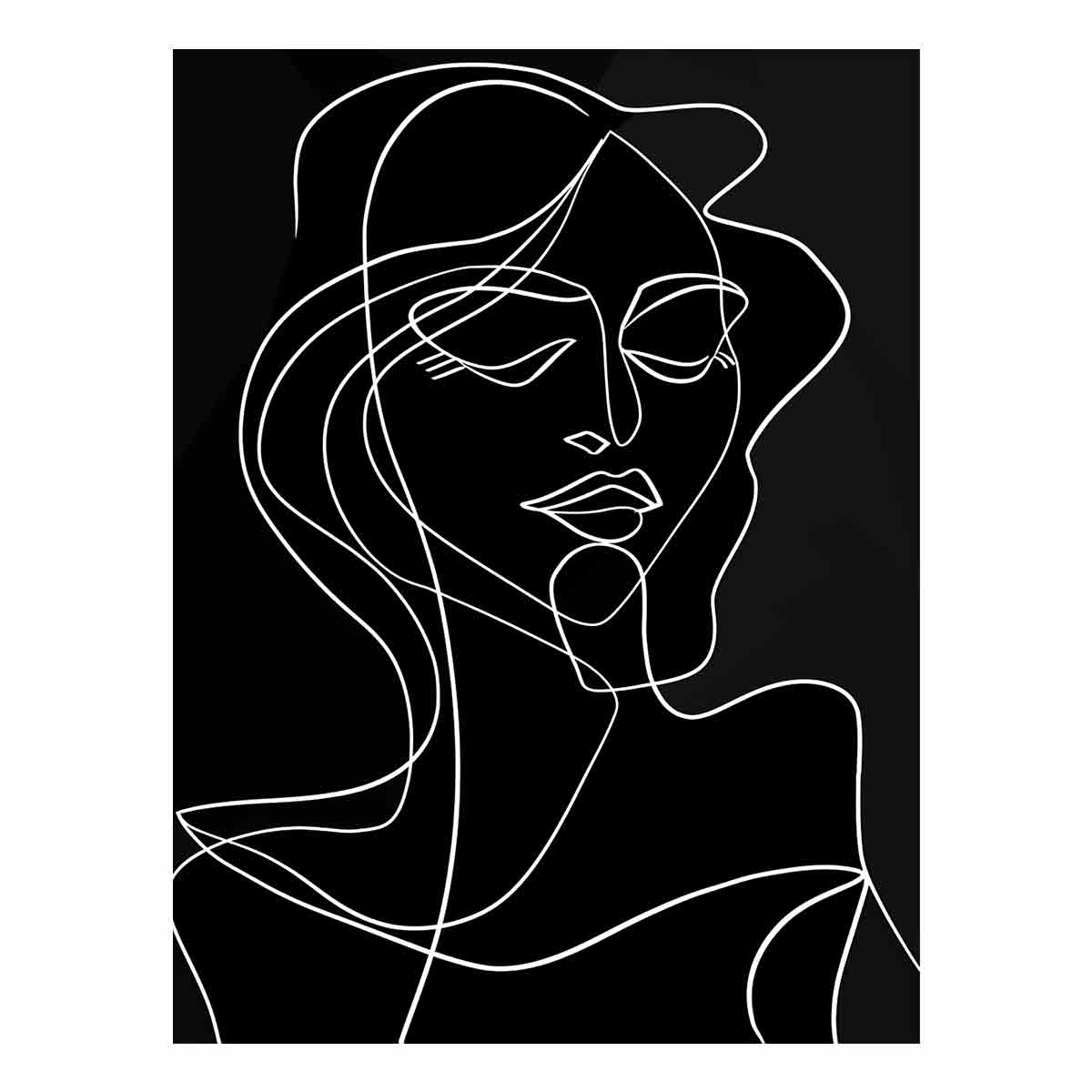 White line art woman portrait on black canvas for modern bedroom wall decor.