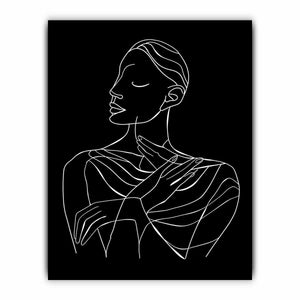Minimal white line art woman portrait on black canvas for elegant bedroom decor.