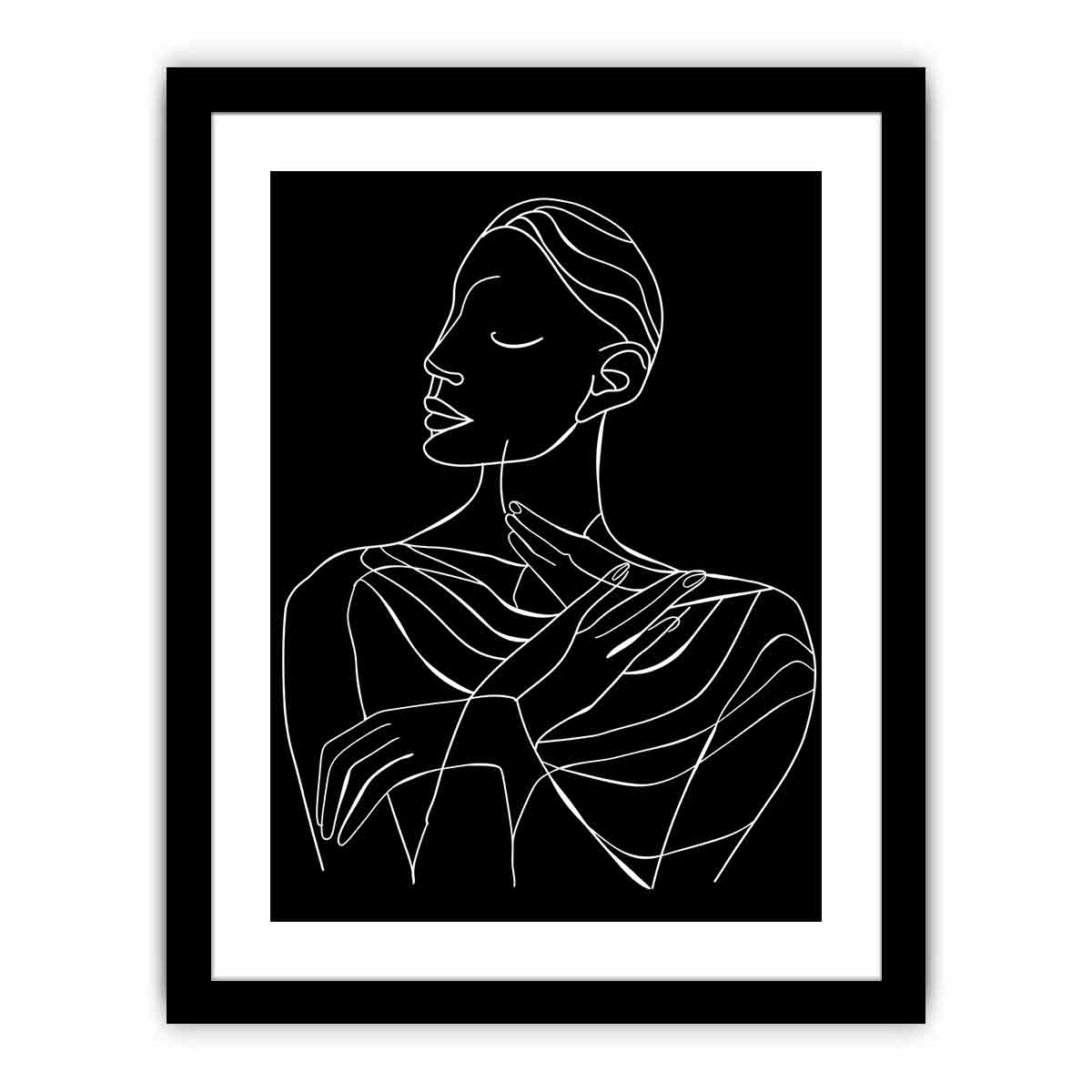 Minimal white line art woman portrait on black canvas for elegant bedroom decor.