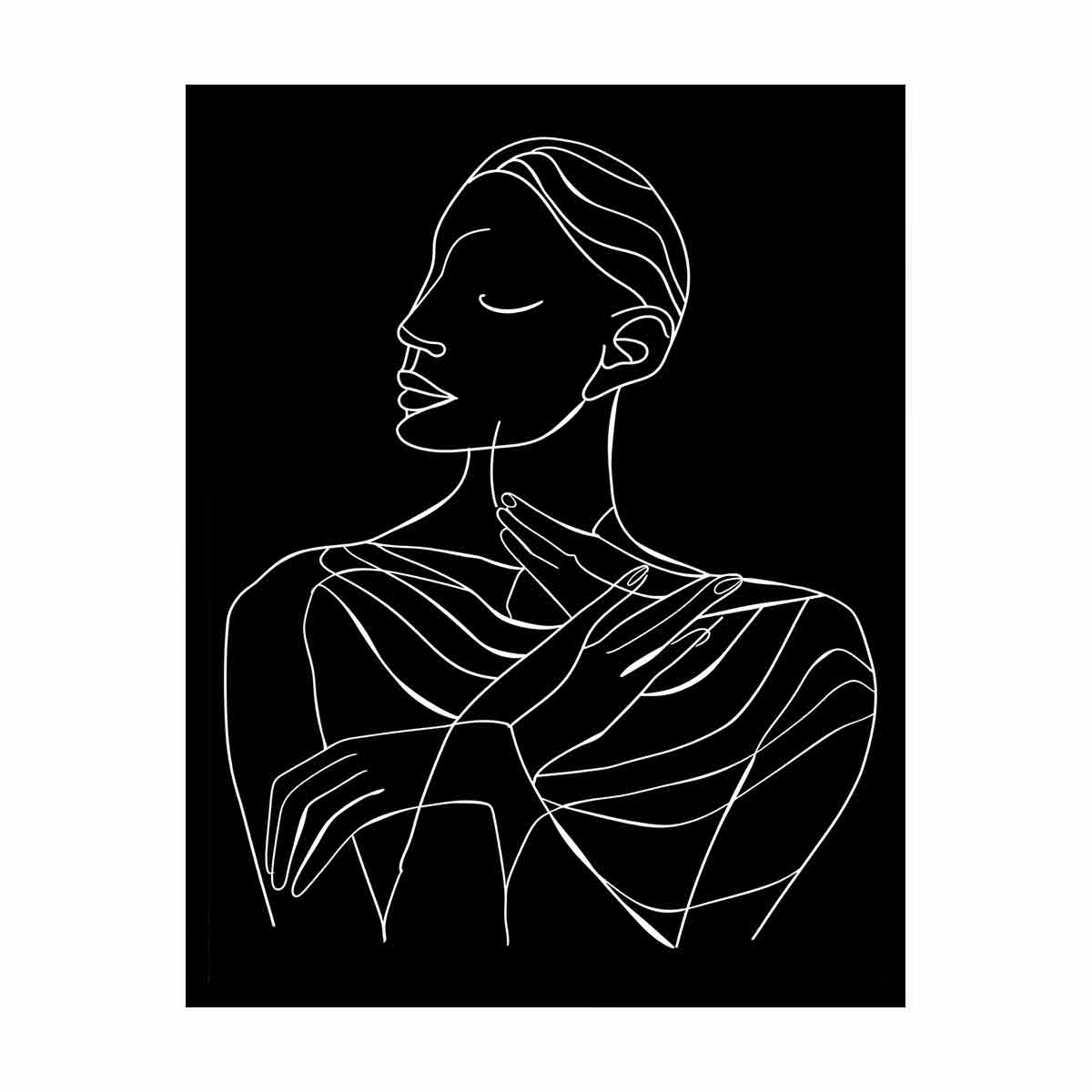 Minimal white line art woman portrait on black canvas for elegant bedroom decor.