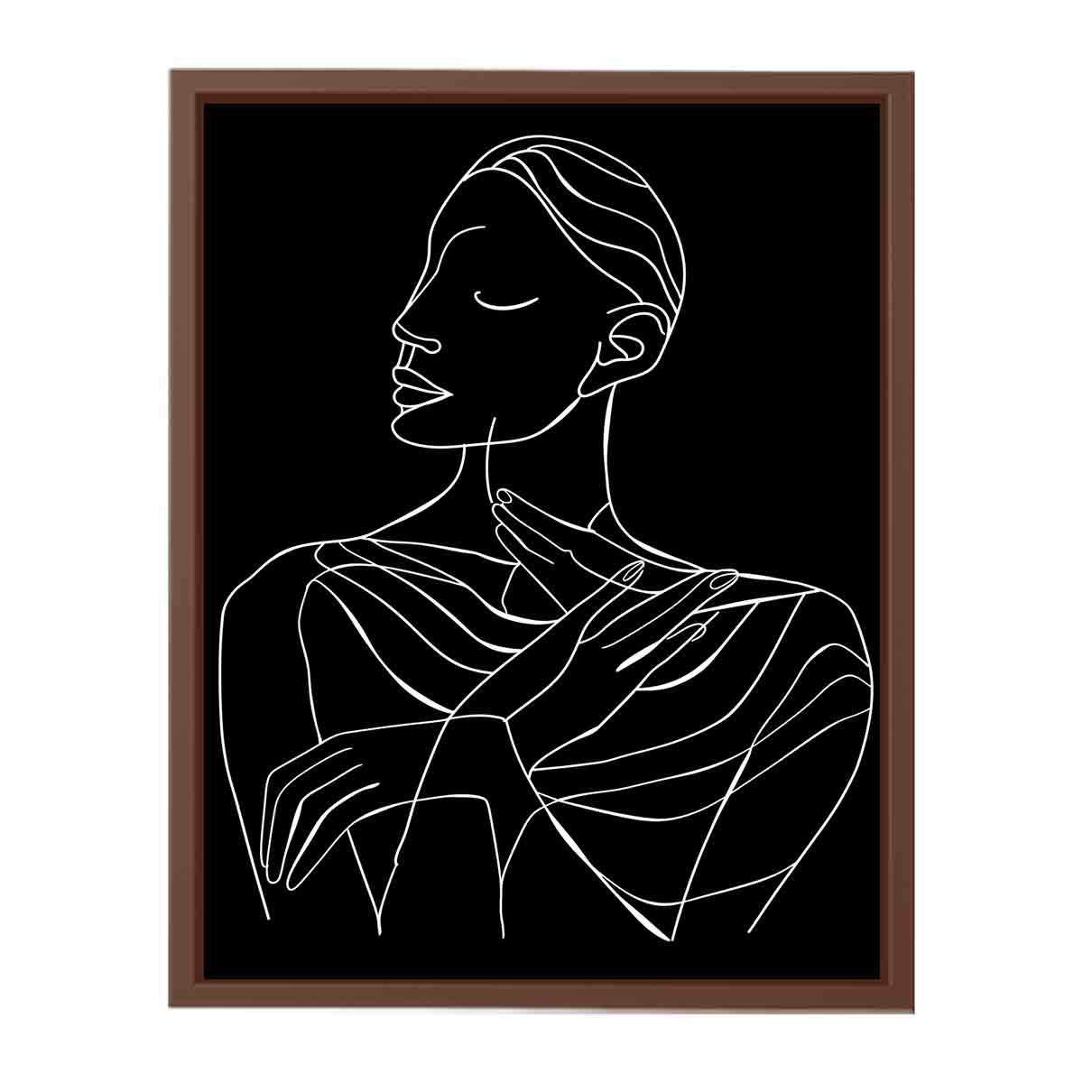 Minimal white line art woman portrait on black canvas for elegant bedroom decor.