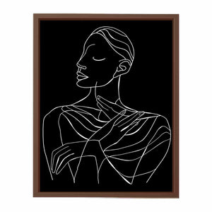 Minimal white line art woman portrait on black canvas for elegant bedroom decor.