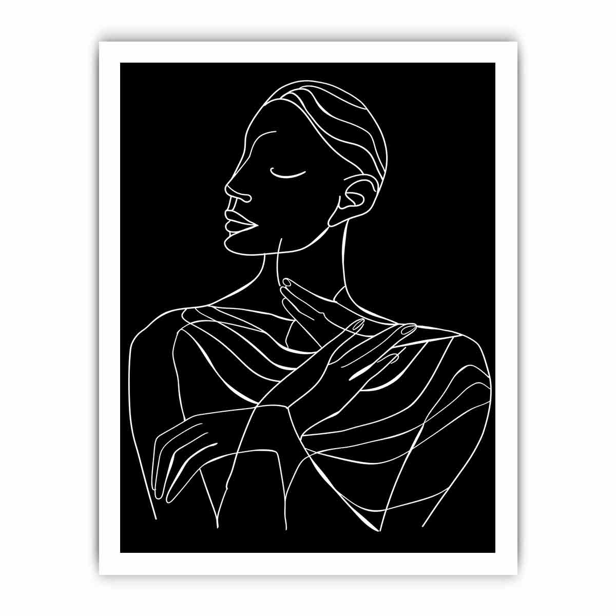 Minimal white line art woman portrait on black canvas for elegant bedroom decor.