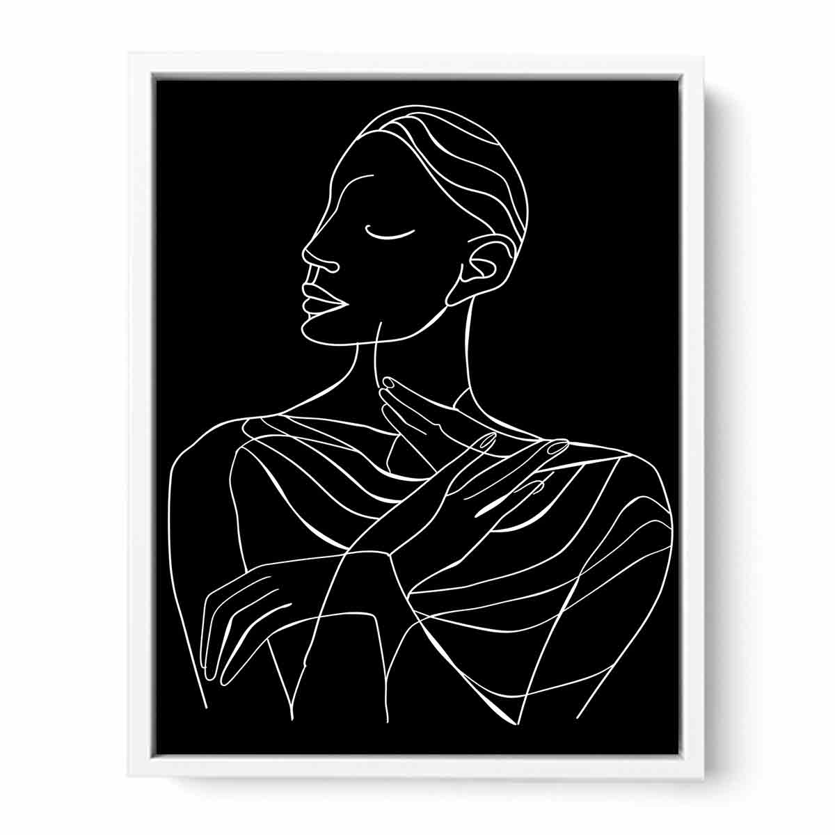 Minimal white line art woman portrait on black canvas for elegant bedroom decor.