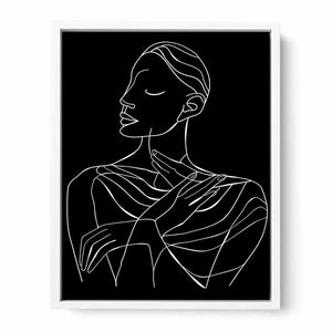 Minimal white line art woman portrait on black canvas for elegant bedroom decor.