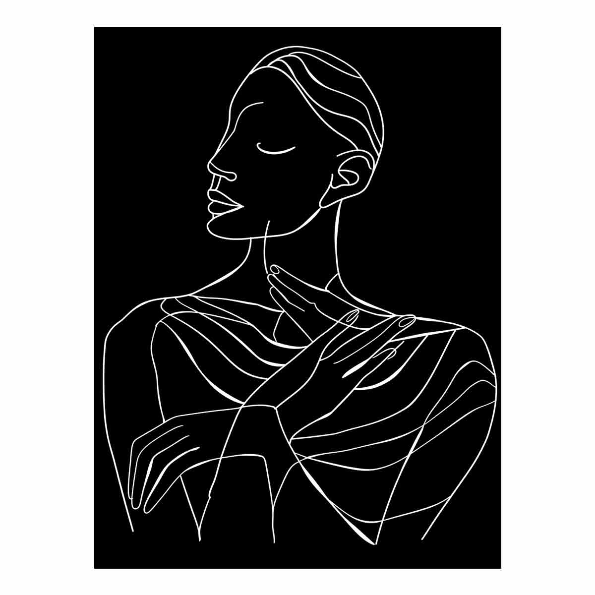 Minimal white line art woman portrait on black canvas for elegant bedroom decor.