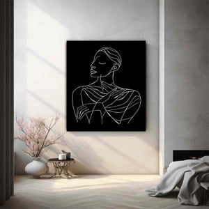 Minimal white line art woman portrait on black canvas for elegant bedroom decor.