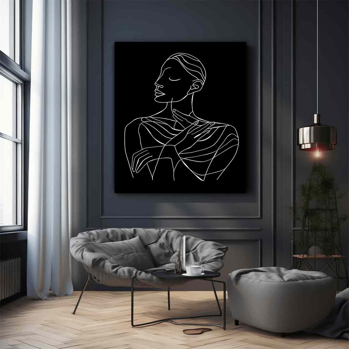Minimal white line art woman portrait on black canvas for elegant bedroom decor.