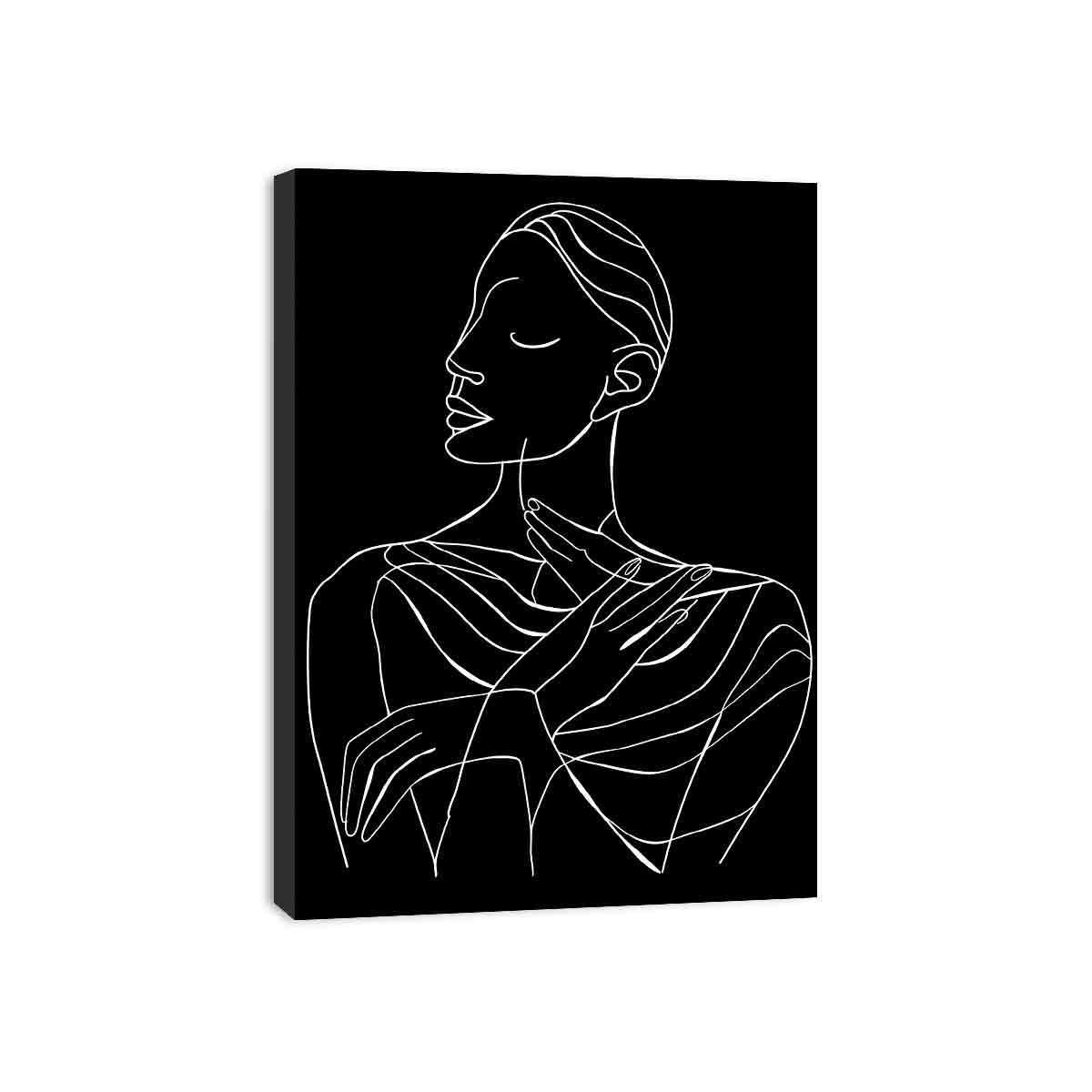 Minimal white line art woman portrait on black canvas for elegant bedroom decor.