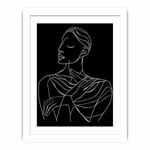 Minimal white line art woman portrait on black canvas for elegant bedroom decor.