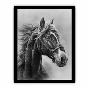 Realistic black and white horse portrait canvas art for equestrian home decor.